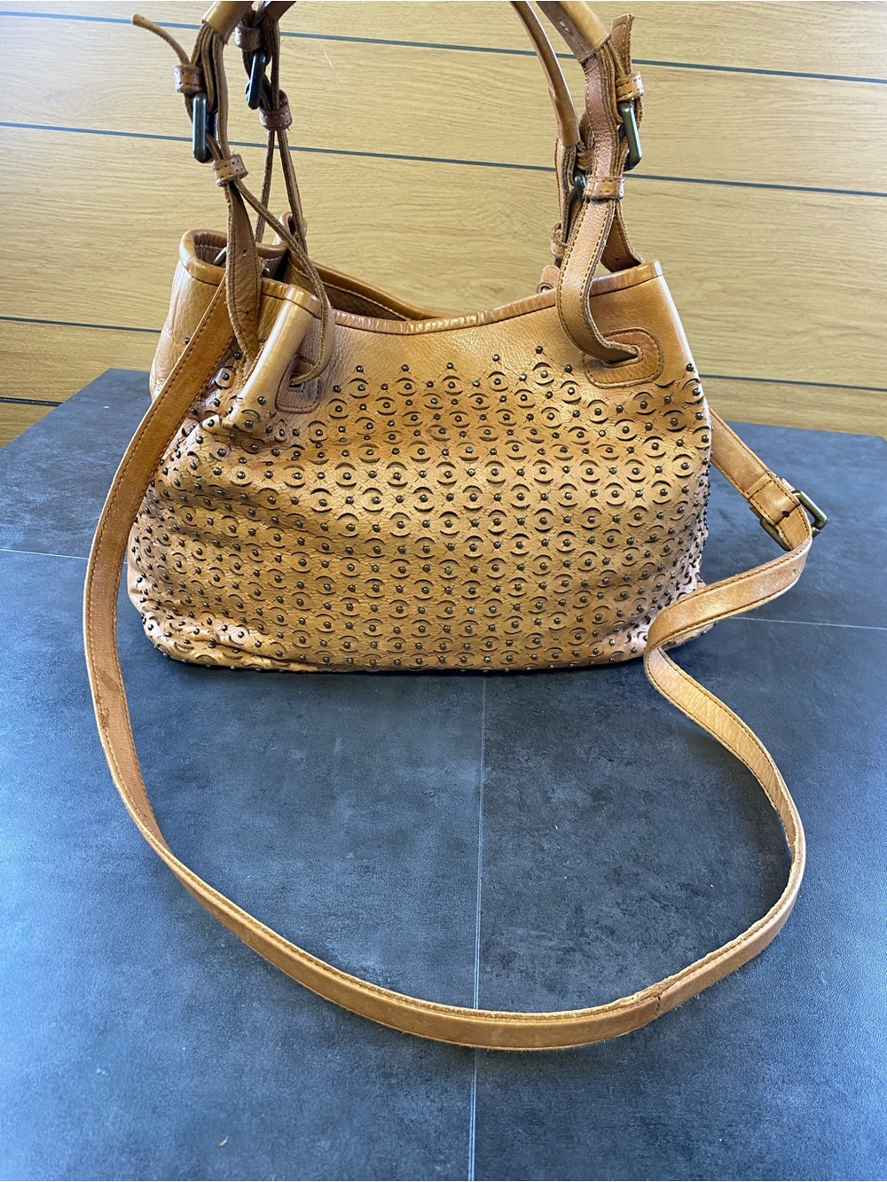 Platania Italian Tan‎ Leather Studded Tote, Slouchy, Hobo Bag-CLEAN